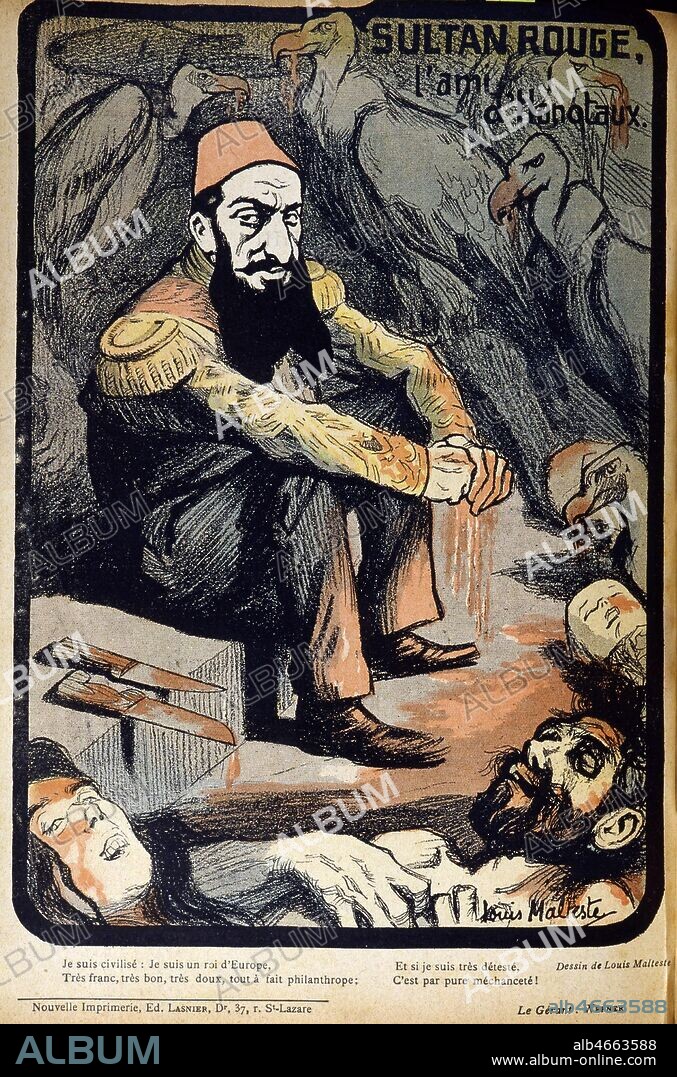 'Sultan rouge l'ami d'Hanotaux au milieux de cadavres et de vautours' (ABDUL HAMID II (147-1918). Caricature de Louis MALTESTE (1862-1928) pour 'La Vie en Rose' du 3 avril 1902 (XXeme s., 20eme s., 20e s.). Credit Coll. Jonas/KHARBINE-TAPABOR.
