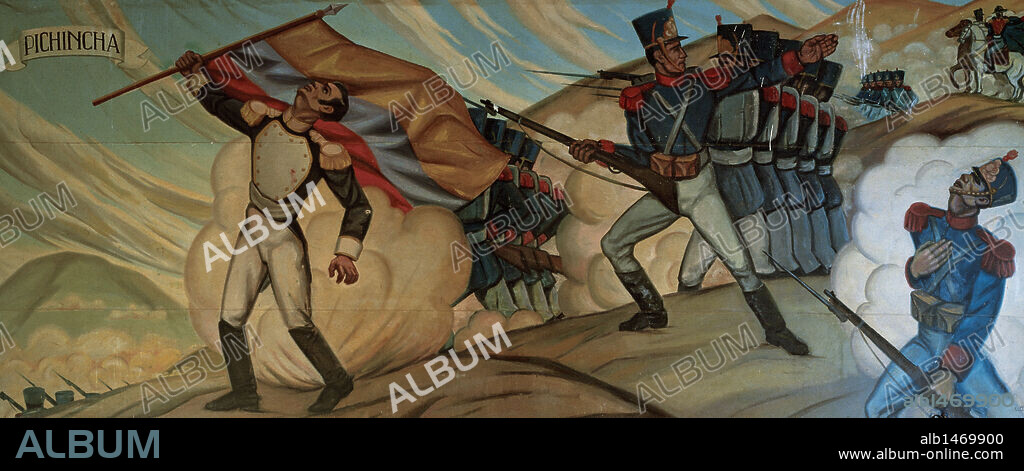 Battle of Pichincha, 24 May 1822. Context of The Spanish American War of Independece. Pitted a patriot army under general Antonio Jose de Sucre agains a Royalist army commanded by Fied Marshal Melchor Aymerich. Eloy Alfaro Military School Museum.