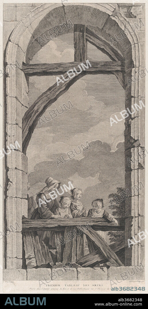 The Chapel of the Enfants-Trouvés in Paris: Religieuse et petites filles regardant la crèche. Artist: Etienne Fessard (French, Paris 1714-1777 Paris); After Charles Joseph Natoire (French, Nîmes 1700-1777 Castel Gandolfo). Dimensions: Sheet (Trimmed): 22 7/16 × 11 1/8 in. (57 × 28.2 cm). Date: 1756.
From a series of fifteen plates engraved by Fessard after the paintings by Natoire in the Chapel of the Enfants-Trouvés, Paris. The chapel was built in 1746-50 based on designs by Germain Boffrand, but destroyed in the 19th century.  The main altar depicted The Adoration of the Magi and subsidiary scenes included the children and nuns of the orphanage as onlookers. Natoire's scenes were set into trompe l'oeil surrounds painted by Paolo Antonio and Gaetano Brunetti, giving the illusion that the viewer was standing in a ruined building.  Fessard's suite of prints includes a perspective view of the interior based on a drawing by Augustin de Saint-Aubin.