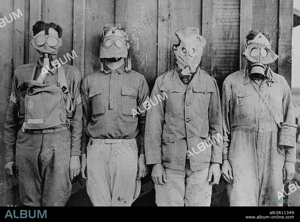 American, British, French, and German gas masks. The first use of poison gas on the Western Front was on April 22, 1915, by the Germans at Ypres, against Canadian and French colonial troops. The British Royal Society of Chemistry claims that British scientist Edward Harrison developed the first practical gas mask for mass production towards the end of 1916. American chemist and inventor James Bert Garner is credited by American sources with the invention of the gas mask in April 1915. He remembered experiments he had performed while teaching at the University of Chicago, thus he set about creating the first gas mask which he tested on two of his associates in a gas filled chamber. Following the successful completion of the test, he provided the results to the British government. Since dogs were frequently used on the front lines, a special type of gas mask was developed that dogs were trained to wear. Additionally, gas masks were developed during World War One and the time following for horses in the various mounted units that operated near the front lines. Bain News Service. No date on caption card.