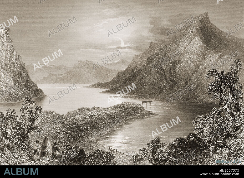 Lough Ina, Connemara,County Galway, Ireland. Drawn by W.H.Bartlett, engraved by R. Wallis. From 'The Scenery and Antiquities of Ireland' by N.P.Willis and J.Stirling Coyne.Illustrated from drawings by W.H.Bartlett. Published London c.1841.