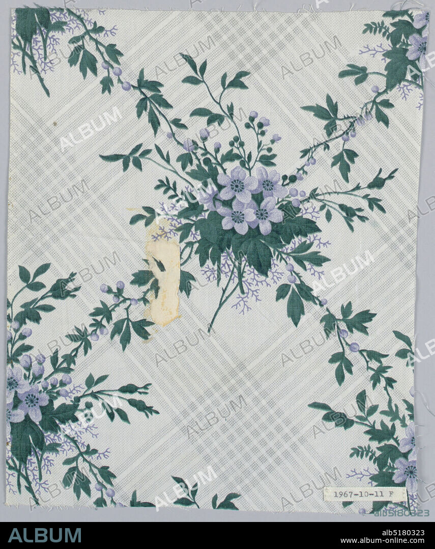 Textile, Schwartz-Huguenin, Medium: cotton Technique: printed by engraved roller on plain weave, Seven pieces, same design, different colors. A) Ground printed by 'molette' in diamond-shaped design of stripes composed of minute dots in pale blue. Flower clusters in rose and dull greens, printed over background. B) Grey ground and flowers, strong green leaves. C) Grey ground, flowers old rose with green foliage. D) Grey ground, blue flowers, grey foliage. E) grey ground, grey flowers, blue-green foliage. F) lighter grey ground, flowers with strong green foliage. G) Greey ground, blue flowers, green foliage., 185163, printed, dyed & painted textiles, Textile.