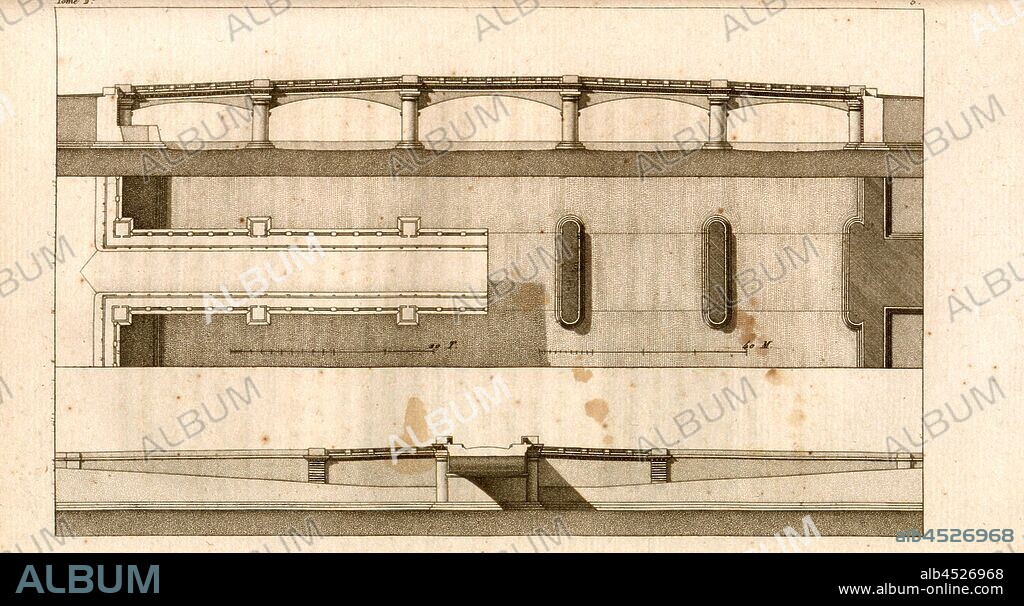 Cut and Elevation Plan of the Louis XVI Bridge., Floor plan, cross-section and facade Pont Louis XVI in Paris, 5, after p. 25, p. 40, J. G. Legrand; C. P. Landon: Description de Paris et de ses édifices: avec un précis historique et des observations sur le caractère de leur architecture, et sur les principaux objets d'art et de curiosité qu'ils renferment. Seconde édition, corrigée avec soin dans toutes ses Parties, et considérablement augmentée. Bd. 2. Paris. Strasbourg. Treuttel et Würtz, 1818.