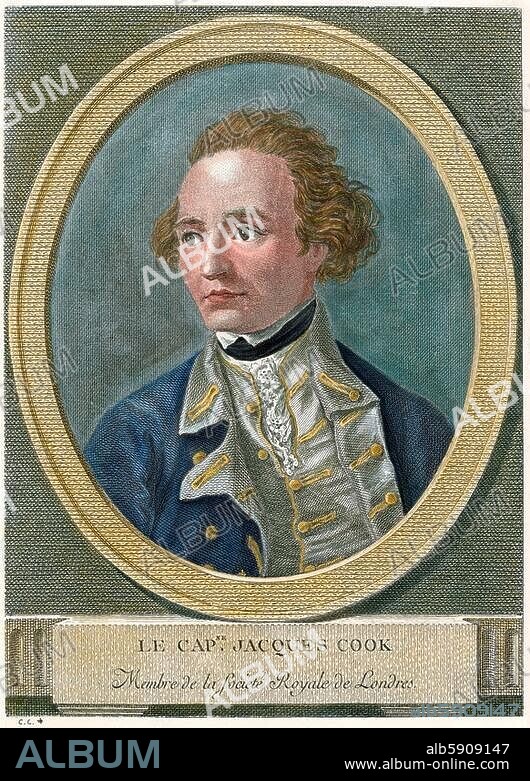 Cook, James, British explorer, navigator, cartographer, and captain in the Royal Navy. Marton (Yorkshire) 27.10.1728 - Hawaii. 14.2.1779. Portrait of James Cook ("Membre de la Société Royale à Londres"). Copper engraving, not signed, 18th Century, coloured later.