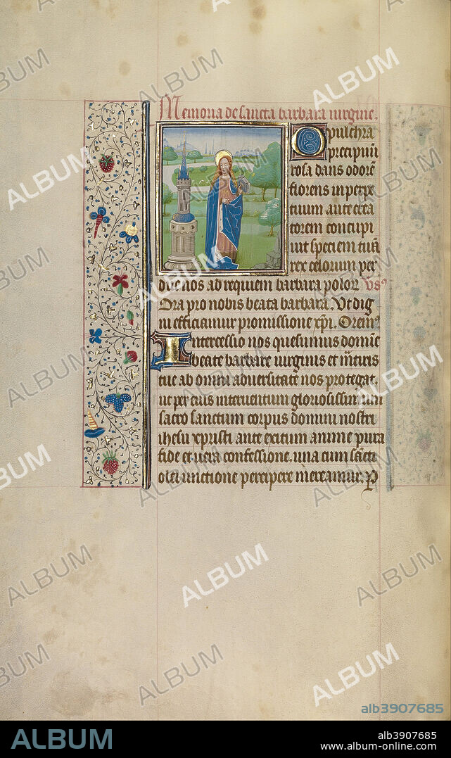 WORKSHOP OF WILLEM VRELANT. Saint Barbara. Date/Period: Early 1460s. Folio. Tempera colors, gold leaf, and ink on parchment. Height: 256 mm (10.07 in); Width: 173 mm (6.81 in).