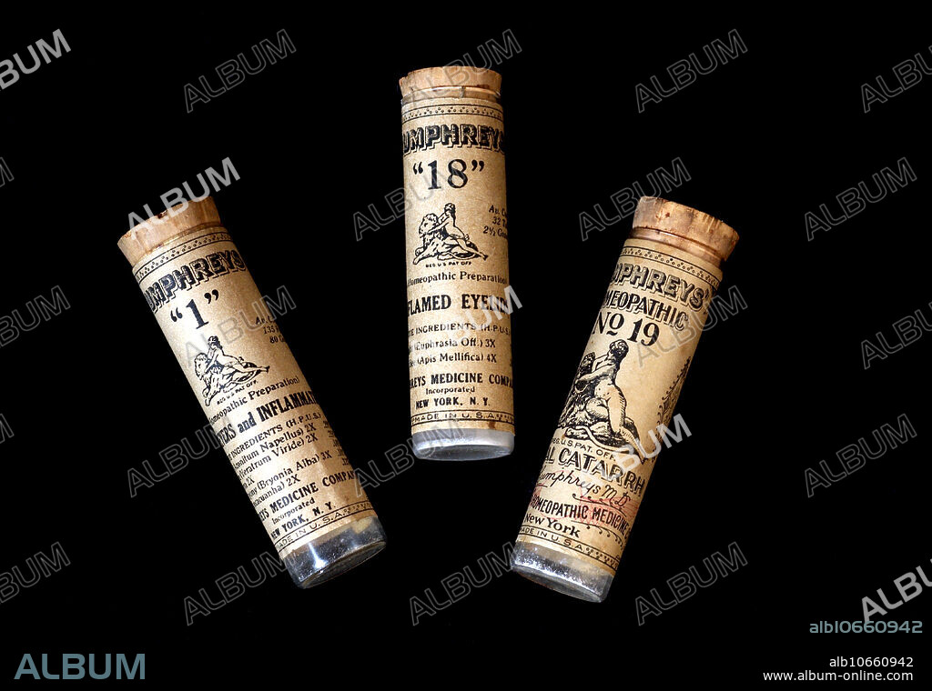 Humphreys' homeopathic medications. Antique vials of homeopathic medications that were used many years ago.