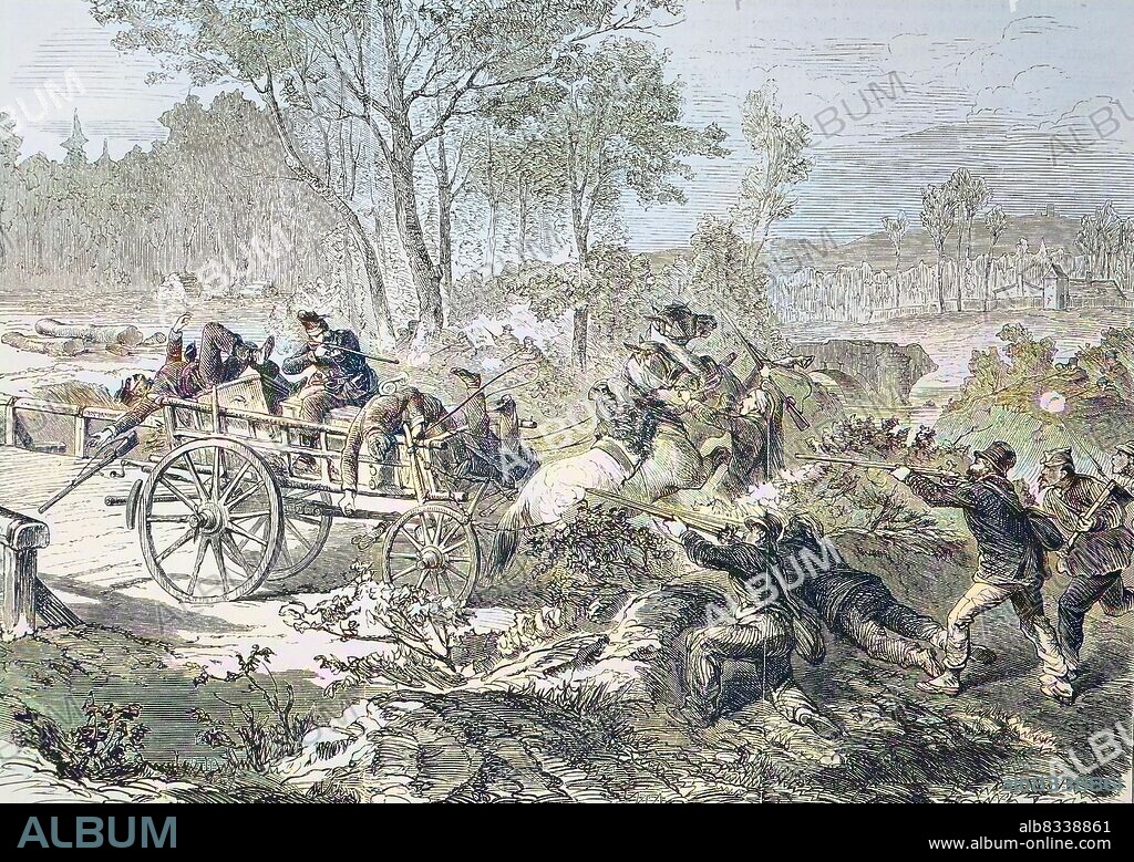 The fieldpost is attacked by Franctireurs, German-French War 1870/1871 / Die Feldpost wird von Franctireurs angegriffen, Deutsch-Franzsischer Krieg 1870/1871, historical, digital improved reproduction of an original from the 19th century / digitale Reproduktion einer Originalvorlage aus dem 19. Jahrhundert, Originaldatum nicht bekannt, Kolorierung, koloriert, handkoloriert, Hand-colouring, hand coloured, colored.