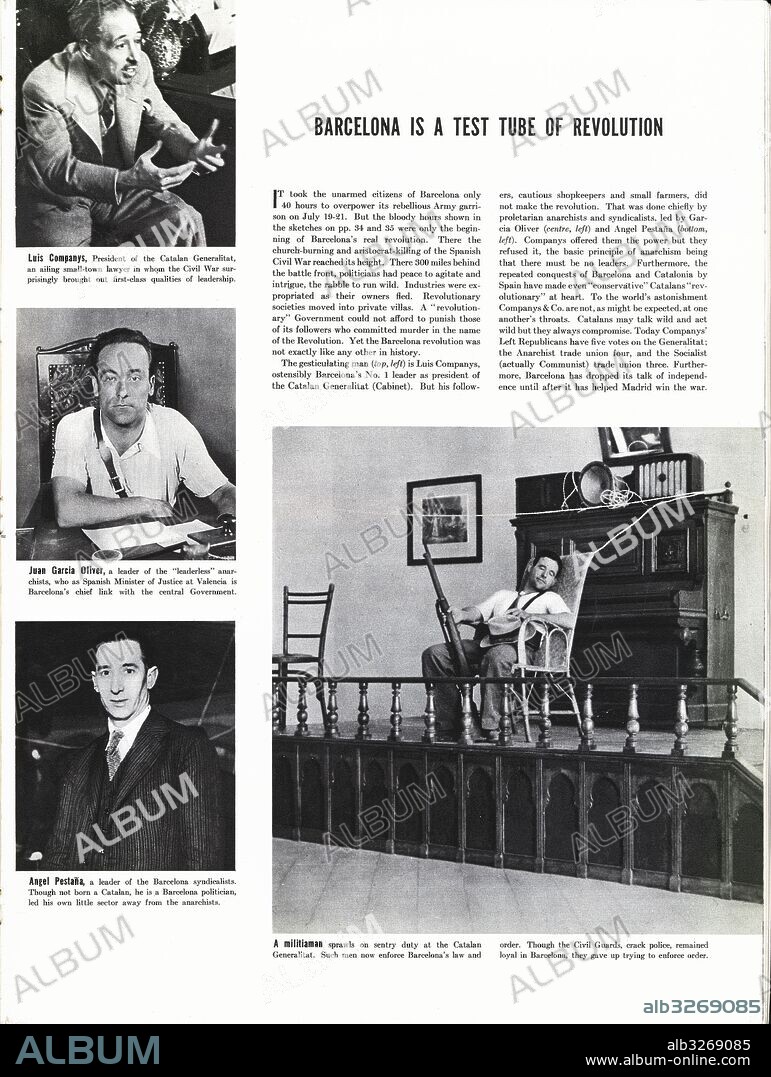 España. Guerra civil (1936-1939). Interior de la revista Life editada en Estados Unidos en Febrero de 1937. Artículo sobre Luis Companys, presidente de la Generalitat de Catalunya, Juan García Oliver, líder anarquista, Angel Pestaña, líder sindicalista, y un miliciano armado en el interior del Palacio de la Generalitat.