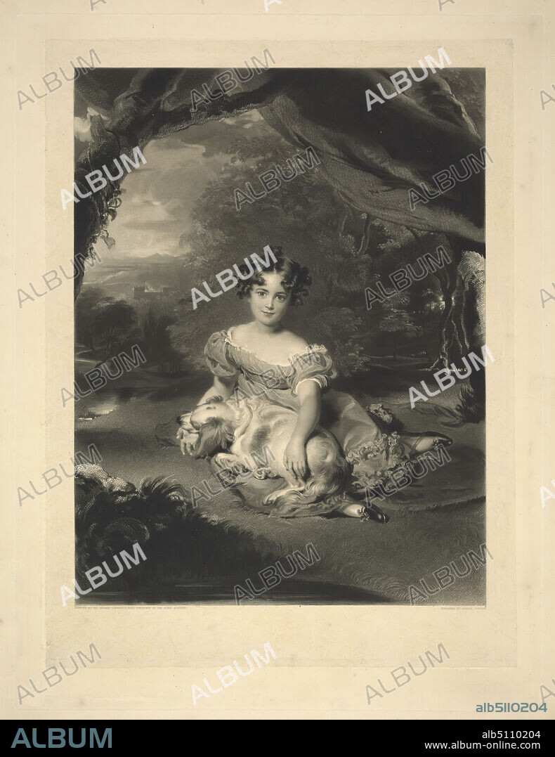 Miss Peel, Daughter of the Right Honble. Sir Robert Peel, Bart., Print made by Samuel Cousins, 18011887, British, after Sir Thomas Lawrence, 17691830, British, 1833, Mezzotint (first published state) on medium, slightly textured, cream wove paper with cream chine-collé, Sheet: 21 3/4 × 17 1/2 inches (55.2 × 44.5 cm), Plate: 19 3/4 × 15 inches (50.2 × 38.1 cm), Chine collé: 17 3/4 × 13 3/8 inches (45.1 × 34 cm), and Image: 15 1/4 × 11 3/4 inches (38.7 × 29.8 cm), branches, child, dog (animal), figure study, frills, girl, hills, lake.
