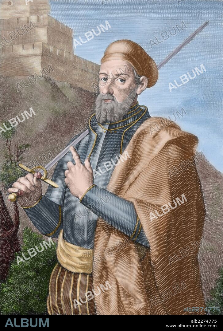 DIEGO GARCIA DE PAREDES (1468-1533). Militar español, conocido como el "Sansón de Extremadura". Grabado coloreado.