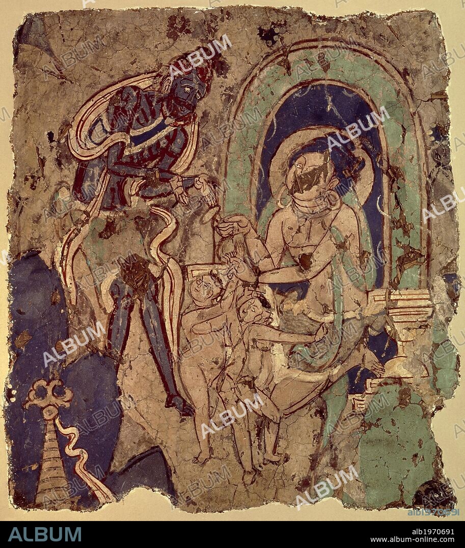 Episode from Visvantara Jataka, mural painting from the Musician of Kizil Cave, Xinjiang, China, 41x31 cm. Chinese Civilisation, 7th century.