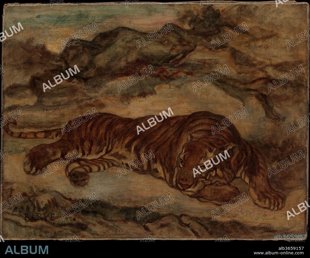 Tiger in Repose. Artist: Antoine-Louis Barye (French, Paris 1796-1875 Paris). Dimensions: 10 3/4 × 14 in. (27.3 × 35.6 cm). Date: ca. 1850-65.
This tiger, relaxed yet alert, is based on animals that Barye saw at the menagerie of the Jardin des Plantes in Paris, where he often drew from the 1820s onward, sometimes in the company of Delacroix. Barye was celebrated primarily as a sculptor of animal subjects, which he rendered with compelling physiognomic accuracy. He was also a prolific watercolorist, but he only made around one hundred paintings, which he seems to have kept for himself. There is a version of this composition in the Wadsworth Atheneum, Hartford.