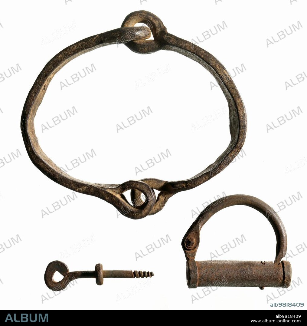Wrought iron slave collar with a large locking device; The collar consists of two pieces of iron connected by a hinged chain link on the back; Historic; digitally restored reproduction from a 19th century original.