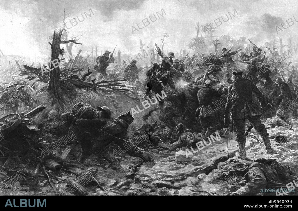 ''Les Corps a Corps du "Devils Wood"; Les Anglais enlevent a la Baionnette, le 15 juillet 1916, Le bois delville, dans la region de Longueval, qu'ils appellent "Devils Wood", c'est- a- Dire le bois du Diable', 1916. From "L'Album de la Guerre 1914-1919, Volume I" [L'Illustration, Paris, 1924].