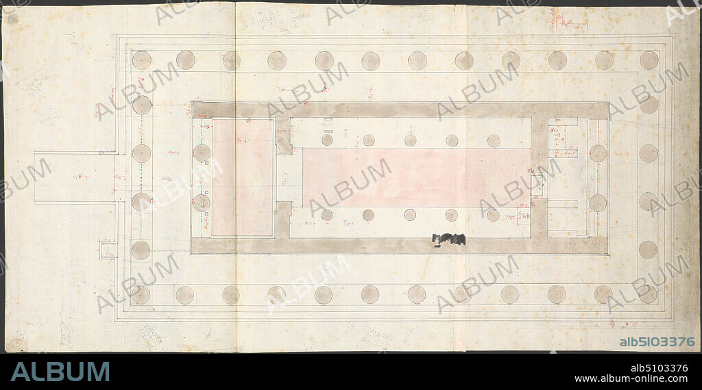 The Temple of Aphaia at Aegina: Ground Plan, Showing The Temple Restored, Charles Robert Cockerell, 17881863, British, undated, Graphite, pen and black and red ink, and brown and pink wash on two sheets of medium, moderately textured, cream laid paper, with two fold marks, Sheet: 12 3/8 × 25 inches (31.4 × 63.5 cm), architectural subject, design, ground plan, interior view, temple.