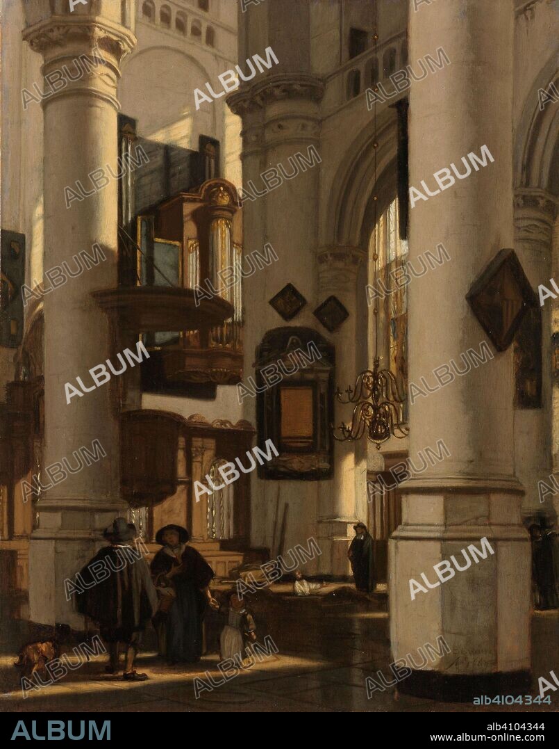 EMANUEL DE WITTE. Interior of a Protestant, Gothic Church, with a Gravedigger in the Choir. Interieur van een protestantse gotische kerk met motieven van de Oude en de Nieuwe Kerk te Amsterdam. Dating: 1669. Measurements: h 44.5 cm × w 33.5 cm.
