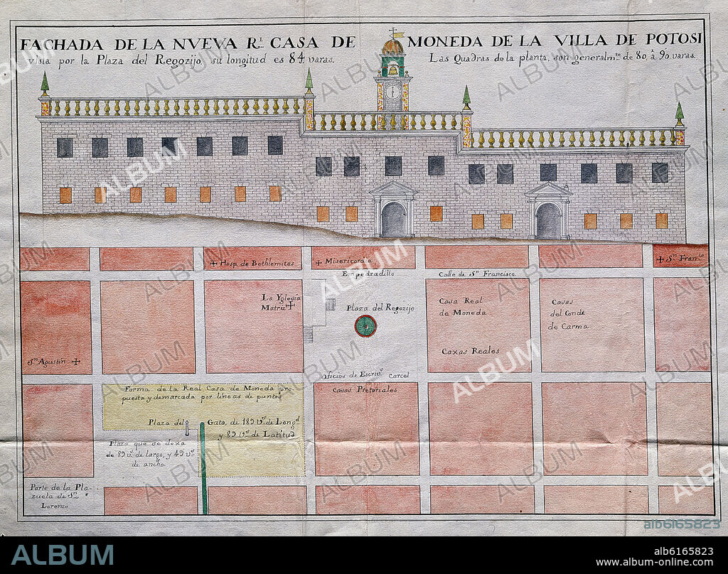FACHADA DE LA NUEVA CASA MONEDA DE POTOSI Y PLANO CON SU UBICACION - CONSTRUIDA HACIA 1750.