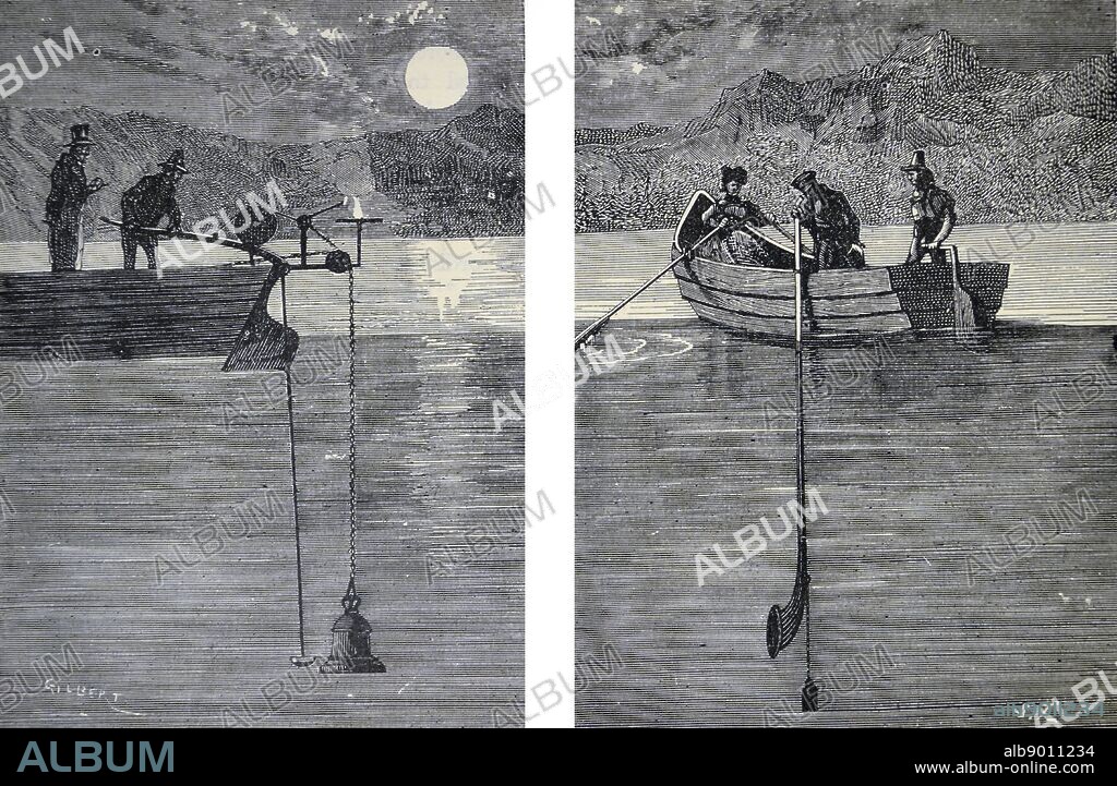 Experiment to measure the velocity of sound in water. These measurements were made in 1841 on Lake Geneva by Jean Daniel Colladon (1802-1893) and Charles Sturm (1803-1855). Engraving from ''Science for All'', London, c1880.
