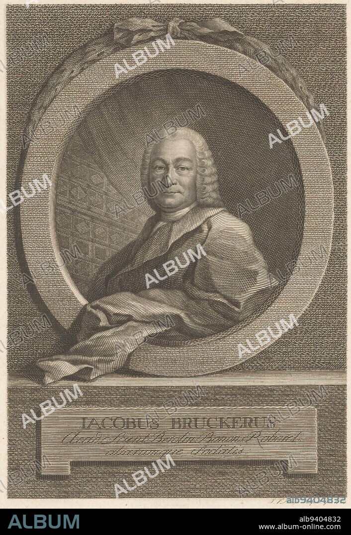 Portrait of Jacob Brucker, Johann Friedrich Bause, 1767, print maker: Johann Friedrich Bause, (mentioned on object), Leipzig, 1767, paper, engraving, h 218 mm - w 153 mm.