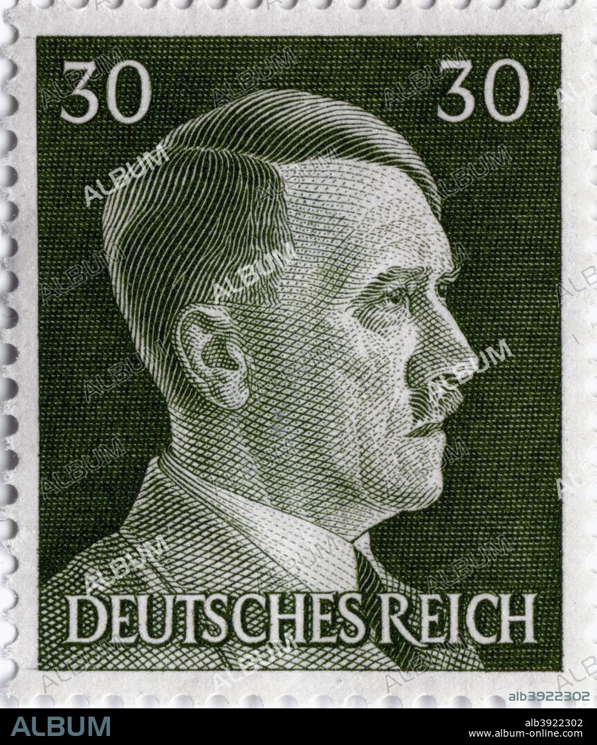 Postage stamp featuring Adolf Hitler (1889-1945), 1941-1942. Hitler was appointed Chancellor of Germany in 1933 and became Führer in 1934. He pursued an aggressive foreign policy and the German invasion of Poland in 1939 triggered World War II. As a German defeat became inevitable, Hitler retreated to his underground bunker in Berlin where, on 30 April 1945, he committed suicide.