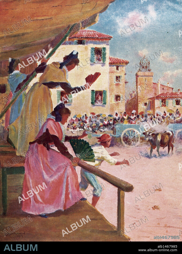 LITERATURA PROVENZAL-OCCITANA. S. XIX-XX. MISTRAL, Fréderic (1830-1914). Escritor francés en lengua occitana. En 1904, junto con Echegaray, recibió el Premio Nobel de Literatura. "MIREYA", 1859. Representación de una FIESTA POPULAR. Ilustración en color de F. Montenard dibujada en el 1915 para una edición de 1930.