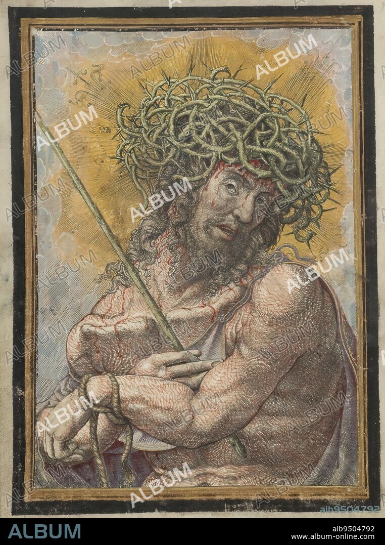 Christ as the Man of Sorrows, Christ as Man of Sorrows, bloodied, with the crown of thorns on his head and the cane in his hand. This print is part of a handwritten prayer book., print maker: Frans Crabbe van Espleghem, after own design by: Frans Crabbe van Espleghem, Mechelen, 1497 - 1552, paper, engraving, height 149 mm × width 105 mm.