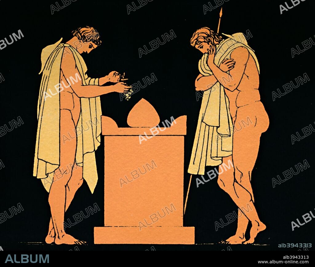 'Orestes at the Tomb of his Father', 1880. Orestes was the son of Clytemnestra and Agamemnon who was murder by his wife Clytemnestra's lover, Aegisthus. From Stories from the Greek Tragedies by the Rev. Alfred J. Church, M.A. [Seeley, Jackson, & Halliday, London, 1880].