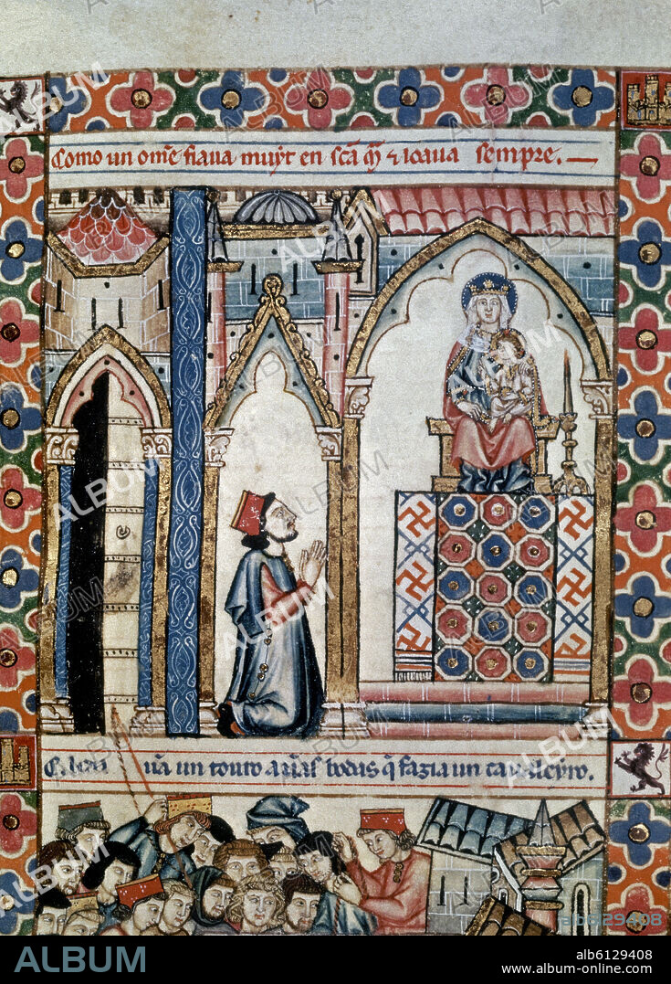 ALFONSO X EL SABIO (1221-1284). MTI1-CANTIGA STA MARIA- Nº144-FOL 200 R-COMO HOMBRE  REZA A LA VIRGEN-VIÑETA A-MINIATURA S XIII.