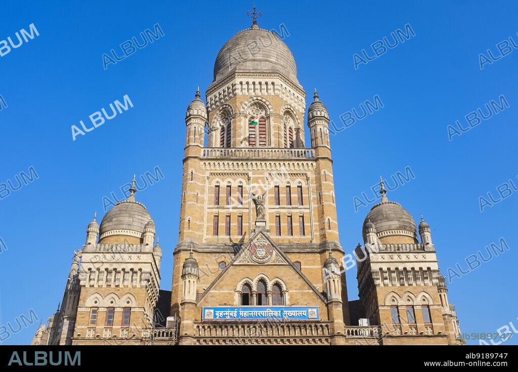 India: The landmark Brihanmumbai Municipal Corporation (BMC) Building in Fort area, Mumbai, Maharashtra, housing the city administration or town hall, and a heritage structure built in 1884-93. The BMC is one of Mumbai's buildings built in the so-called 'Bombay Gothic' style.