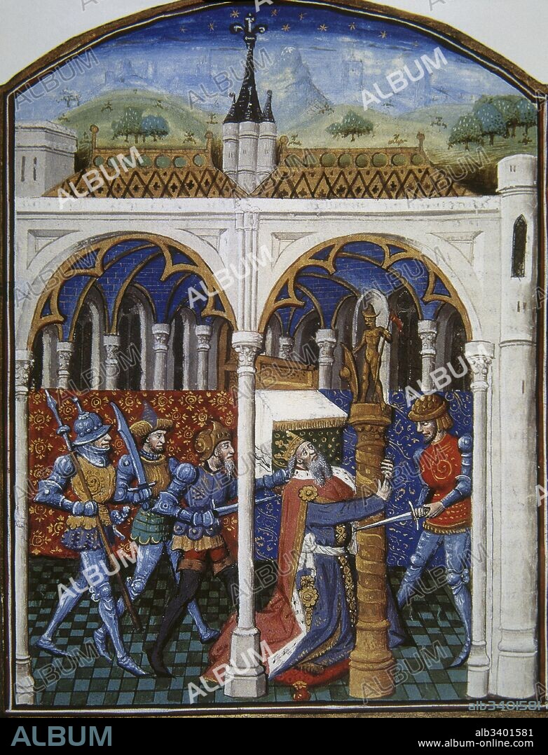 Epoca Romana. Era Tardorepublicana. Asesinato de Cayo Julio César el 15 de marzo de 44 a. C en Roma. Miniatura de un códice del siglo XV. Biblioteque du Prince. Museo Condé. Castillo de Chantilly. Francia.