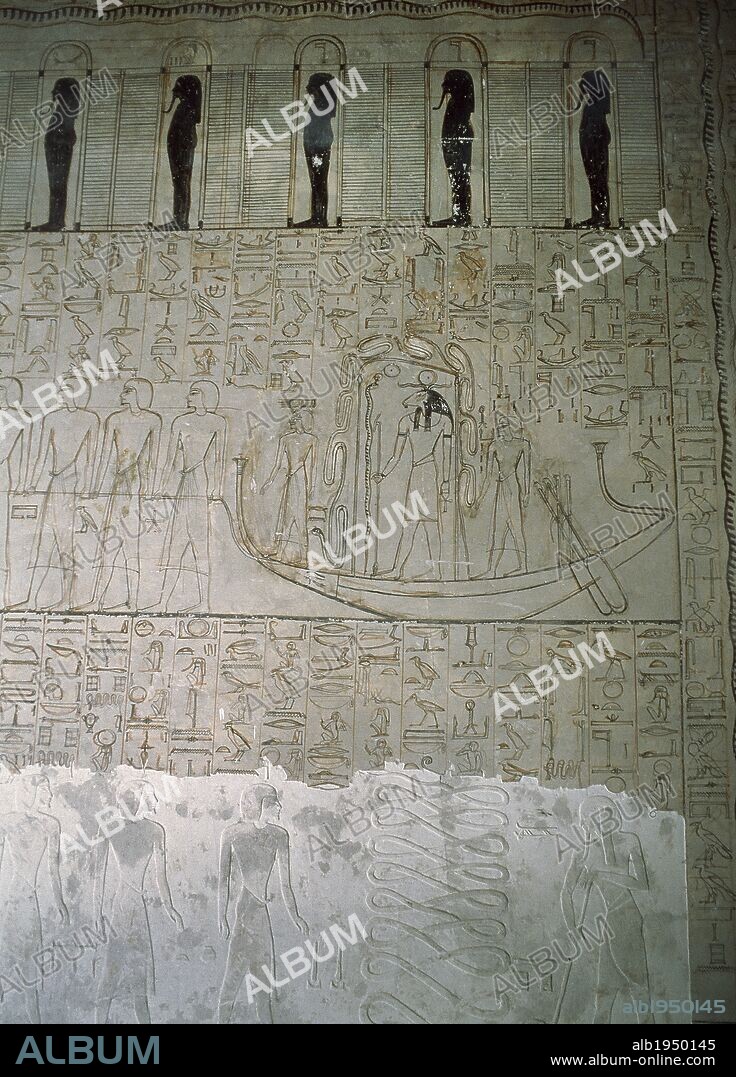ARTE EGIPCIO. TUMBA DE HOREMHEB. Detalle de las pinturas inacabadas referentes a la mitología funeraria. Valle de los Reyes. Egipto.