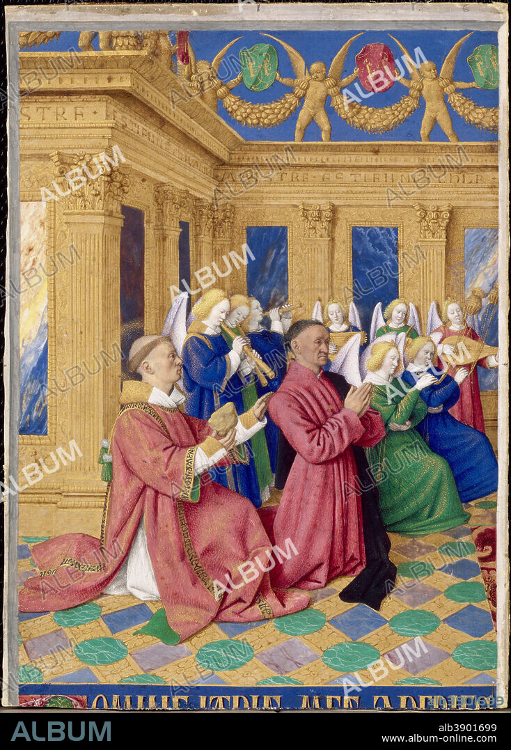 JEAN FOUQUET. Étienne Chevalier et saint Étienne son saint patron, miniature tirée des Heures d'Étienne Chevalier. Date/Period: Between ca. 1452 and ca. 1460. Illumination. Illumination on parchment. Height: 16.5 cm (6.4 in); Width: 12 cm (4.7 in).