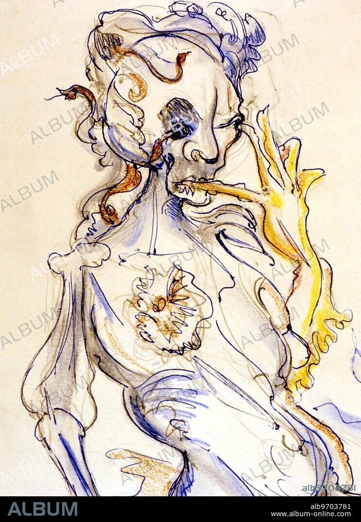 Lilith in her role of mistress over the dying - drawing of Lilith entitled Bag of Bones ( or Heap of Bones ) by Fay Pomerance - private collection.