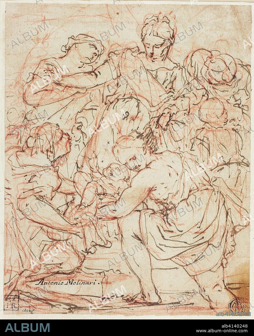 Finding of Moses. Antonio Molinari; Italian, 1665-1727. Date: 1685-1727. Dimensions: 180 x 142 mm. Pen and brown ink, over red chalk, on ivory laid paper. Origin: Italy.
