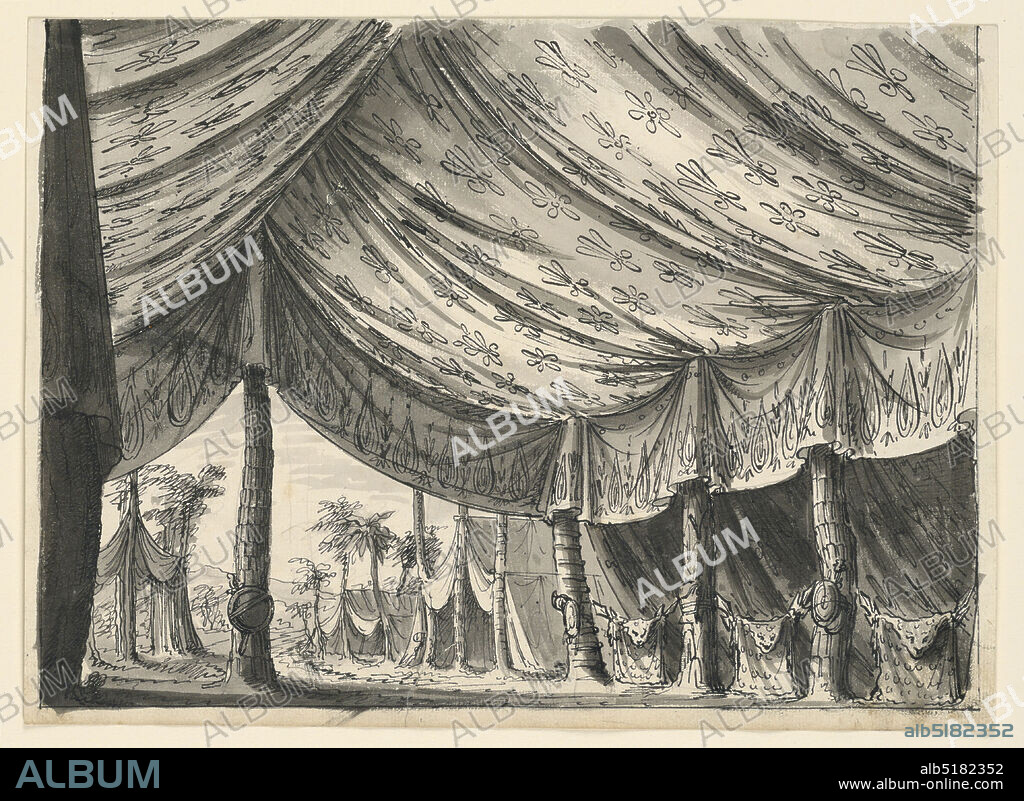 Stage Design, Tent of Genghis Khan, for the Ballet 'Genghis Khan' by Luigi Henry, Romolo Achille Liverani, Italian, 1809 - 1872, Alessandro Sanquirico, Italian, 1777 - 1849, Pen and black ink, brush and gray wash, graphite on white laid paper, Horizontal rectangle. View of large tent suspended by trees, the lateral being connected by crossed halberds over which a skin of a leopard is laid. Fabric decorated with ornamental motifs. The tent entrance is at the back to the left, with one tree as support in center, on which a trophy of arms is suspended. Through the entrance, views of smaller tents and mountains in the background., Milan, Italy, 1828, theater, Drawing, Drawing.