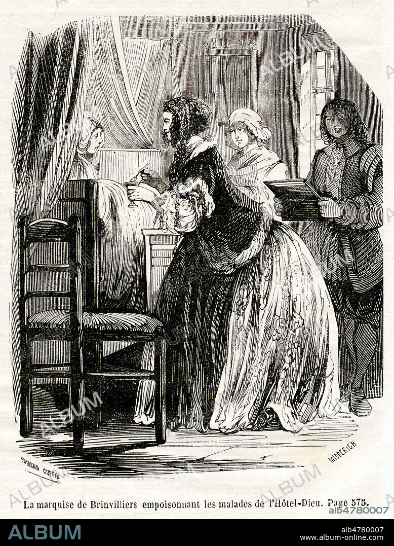 La marquise de BRINVILLIERS (1630-1676) empoisonnant les malades a l'Hotel-Dieu. Illustration de 1852 par Edmond COPPIN pour Histoire de France par Louis Pierre ANQUETIL (1723-1808). Credit : Coll. Jonas/Kharbine-Tapabor.