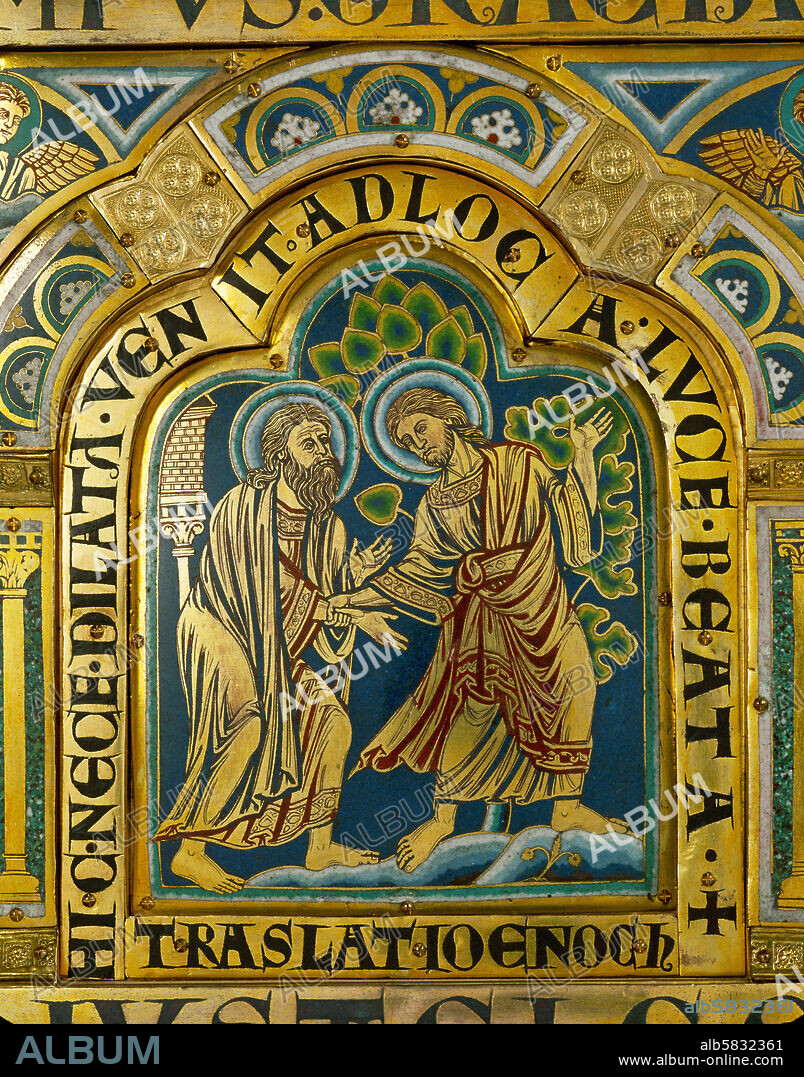 NICHOLAS OF VERDUN. The translation of Enoch, (Genesis 5,24). Verdun Altar, 41 plaques in champsleve-technique, enamel on gilded copper. 1181, for Prior Wernher of the Augustinian canons of Klosterneuburg, Austria Total L of the altar: 460 cm.