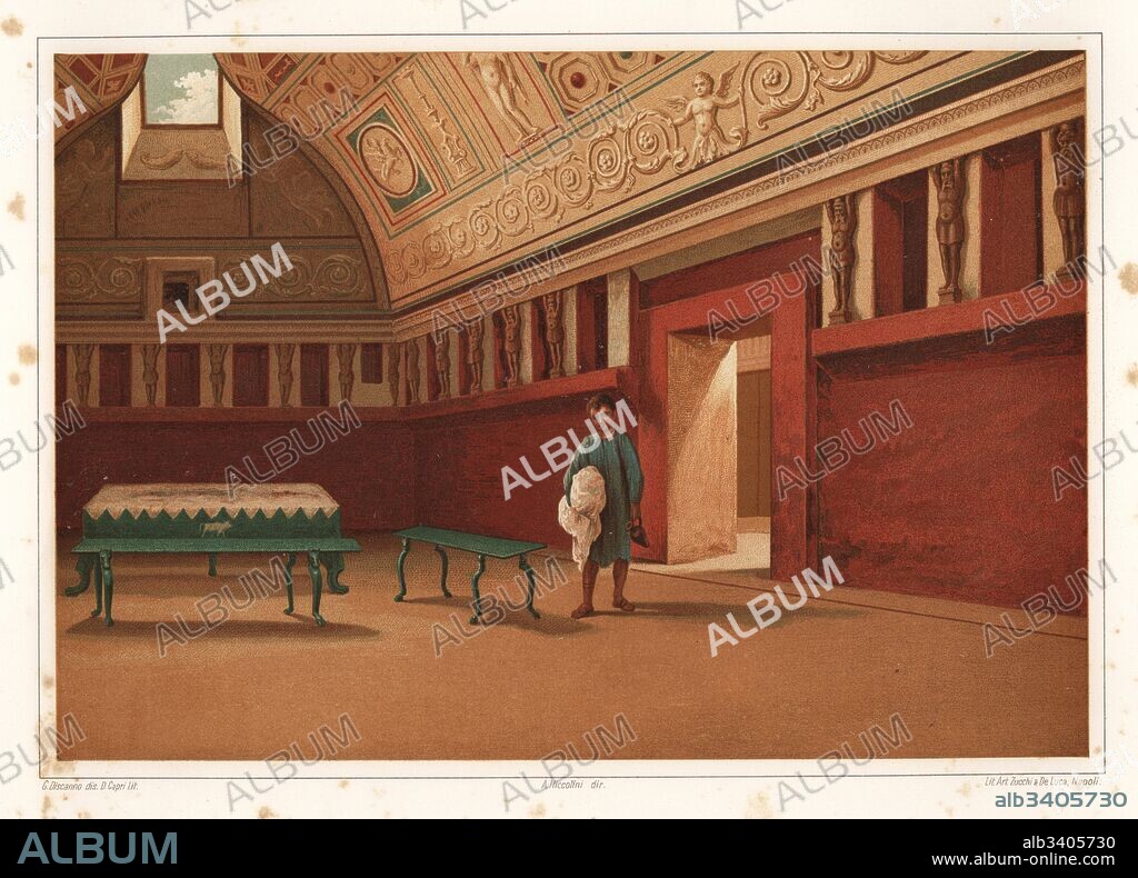 Apodyterium or changing room for the Tepidarium or warm bath in the Forum Thermae, Pompeii. Servant with oil vase and towel standing next to a table. The walls have figures of Thelamon and niches for personal effects. Chromolithograph by D. Capri after an illustration by G. Discanno from Antonio Niccolini’s Pompeii: Views and Restorations (Pompeii: Essaies et Restaurations), published by Zucchi & De Luca, Naples, 1898. Antonio was grandson of the architect Antonio Niccolini Sr.