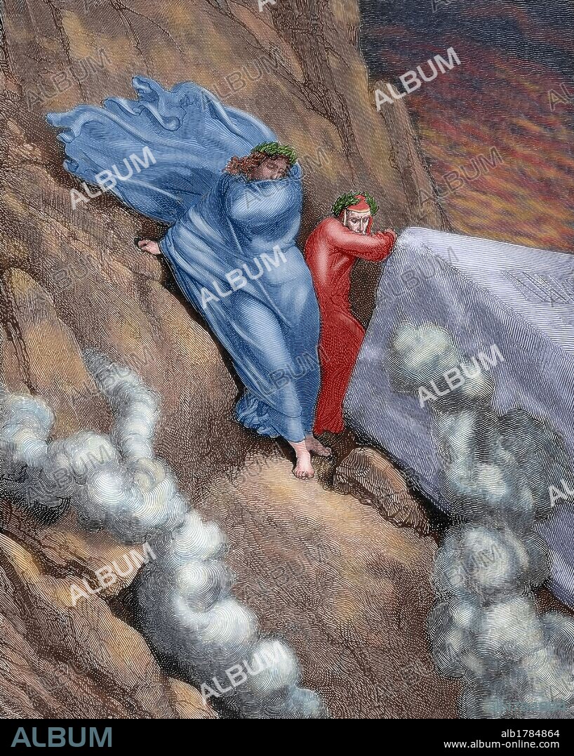 Divine Comedy. Epic poem written by Dante Alighieri between 1308 and his death in 1321.  The Eleventh Canto of Hell. Dante and Virgil in the tomb of Pope Anastasius. Engraving by Gustave Dore. Colored.