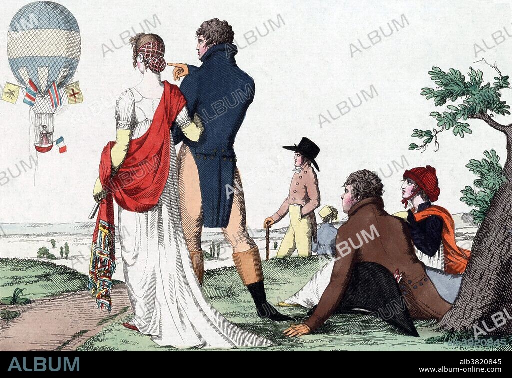 French fashion magazine caricature shows fashionably dressed spectators watching Jeanne Garnerin ascending in a balloon on March 28, 1802. Jeanne-GeneviÃ¨ve Garnerin (nee Labrosse 1775-1847) was a French balloonist and parachutist. She was amongst the crowd watching (her future husband) AndrÃ©-Jacques Garnerin's first hydrogen balloon flight and parachute descent at Parc Monceau, Paris on October 22, 1797. She made his acquaintance, became his pupil, and flew with him on November 10, 1798. He held the position of Official Aeronaut of France so the couple visited England in 1802 during the Peace of Amiens. One of her parachute descents was estimated at 8,000 feet. When the war between France and Great Britain resumed in 1803, the couple were forced to leave England and return to France, where she continued to make flights and descents. Her husband died in 1823. She later met French heroine Marie-ThÃ©rÃ¨se Figueur, who had fought in the French Revolutionary Wars and Napoleonic Wars, with whom she reportedly opened a restaurant. She died in 1847 at the age of 71 or 72.
