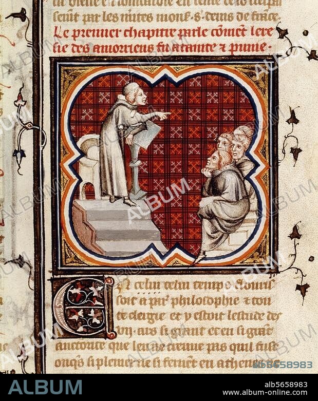 Amaury de Bene (Amaury, Aumori, Aumoric, Amalric de Chartres, de Bène). French mystic, Founded the Sect of the Amalricans; died 1204. Amaury de Bene lecturing. Book illumination, Paris c. 1375-80. From: Grandes Chroniques de France (Exemplar for Charles V). Ms. franç. 2813, fol. 248 v. Paris, Bibliothèque Nationale.