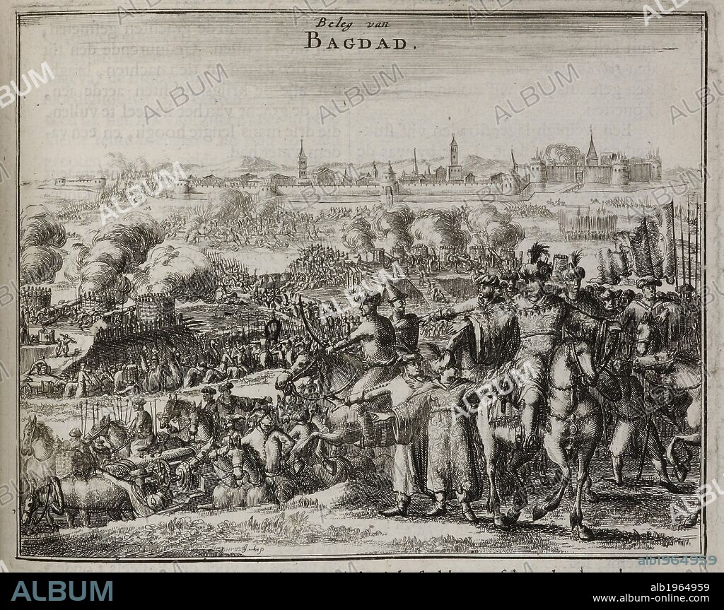 OLFERT DAPPER. An illustration of a group of soldiers on high ground outside the walls of Baghdad. A siege. . Naukeurige beschryving van Asie: behelsende de gewesten van Mesopotamie, Babylonie, Assyrie, Anatolie, of Klein Asie ... Amsterdam 1680. Source: 984.g.14 page 129. Language: German.
