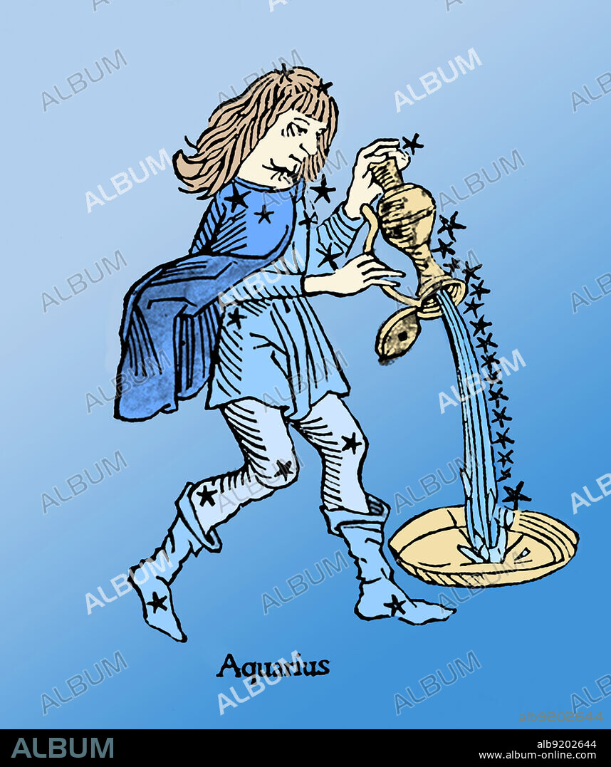 Colorized drawing of the water carrier Ganymede of the Aquarius constellation. This is one of the 48 constellations described by the 2nd century astronomer Ptolemy, and remains one of the 88 modern constellations defined by the International Astronomical Union. Aquarius is the eleventh astrological sign in the Zodiac, spanning the 300-330th degree of the zodiac, which, in the Tropical zodiac the Sun transits this area on average between January 21st to February 18th each year.