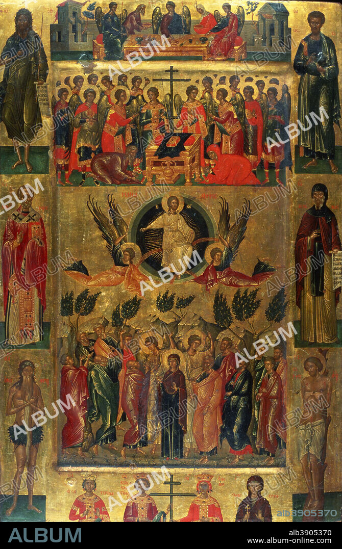 ANDREAS RITZOS. Icon: Ascension of Christ with the Hetoimasia. Painting. Tempera on panel. Height: 710 mm (27.95 in); Width: 475 mm (18.70 in).