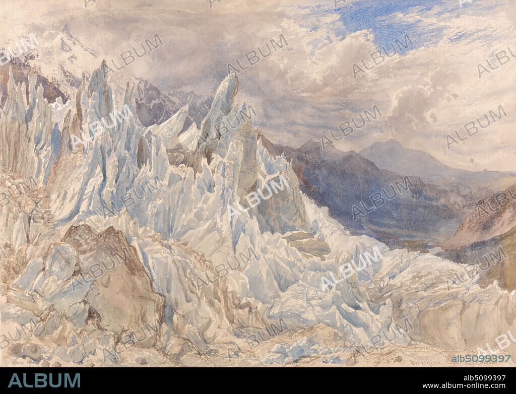 Mer de Glace, Henry Moore, 18311895, British, 1856, Watercolor, gouache, and graphite on medium, slightly textured, cream wove paper, Sheet: 10 3/8 x 14 9/16in. (26.4 x 37cm) and Sheet: 10 1/2 × 14 5/8 inches (26.7 × 37.1 cm), glacier, ice, landscape, mountains, snow, Alps, France, Mer de Glace (glacier), Mont Blanc.