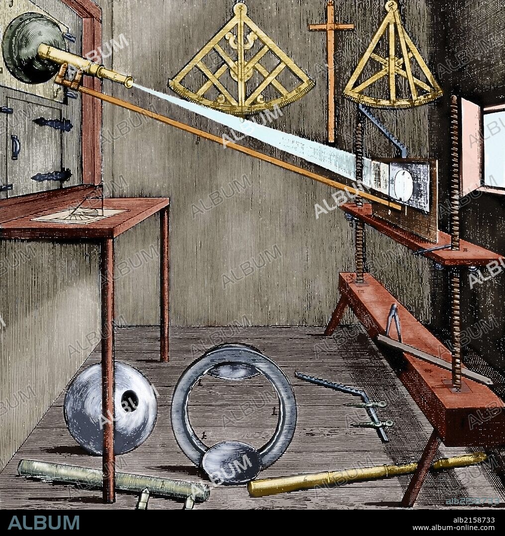 Johannes Hevelius, forma latinizada de Jan Heweliusz (1611-1687). Astrónomo de Polonia. Llamado el padre de la topografía lunar. "Observatorio e instrumentos astronómicos del científico". Grabado coloreado del siglo XIX.