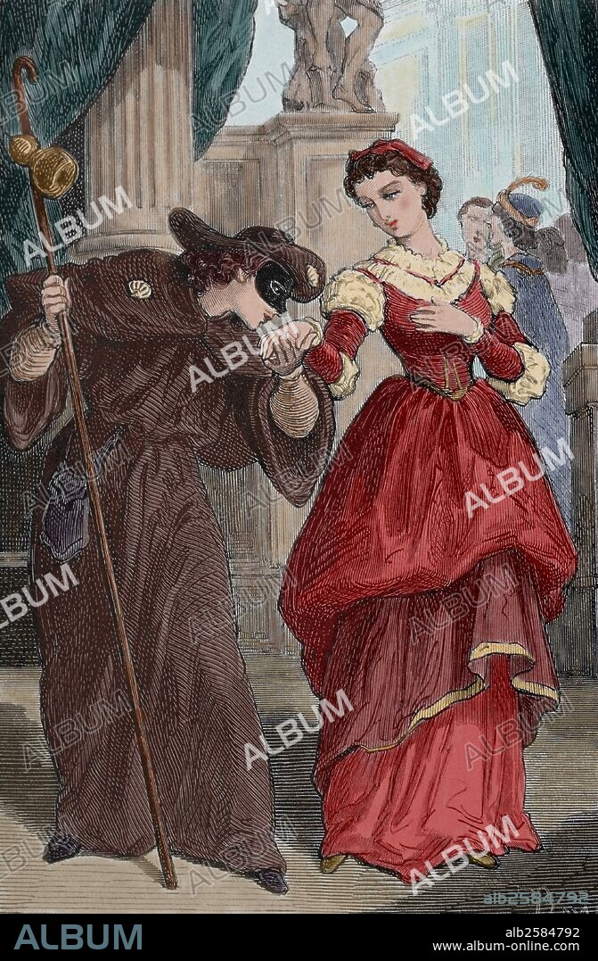 William Shakespeare (1564-1616). English writer. Romeo and Juliet. Romeo disguised as a pilgrim in a masked ball celebrated in the palace of Capulets. Engraving, 19th century. Colored.