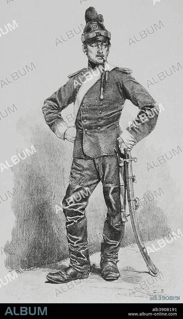 Guerra Franco-Prusiana (1870-1871). Caballería Ligera Bávara. Grabado. Original por Edouard Detaille (1848-1912). En Campagne, por Jules Richard. Obra editada en París en 1885. Biblioteca Histórico Militar de Barcelona. Cataluña. España.