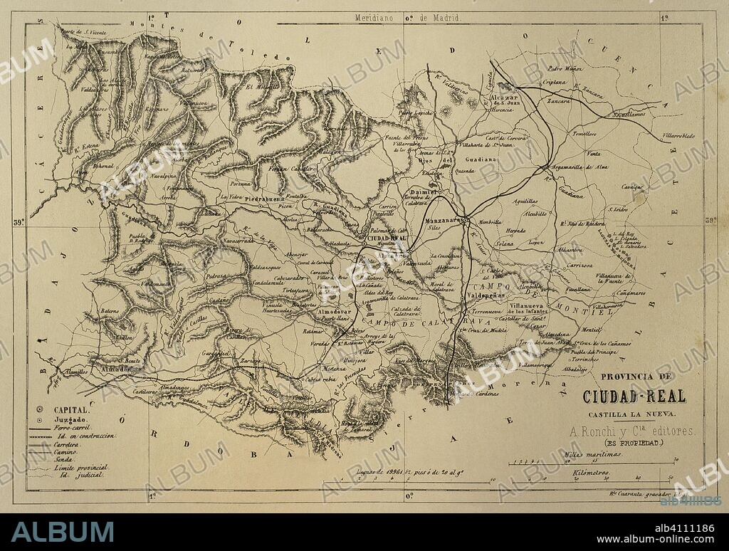 Mapa de la provincia de Ciudad Real. Crónica General de España, Historia Ilustrada y Descriptiva de sus Provincias. Castilla-La Nueva, 1869. Biblioteca Histórico Militar de Barcelona, Cataluña, España.