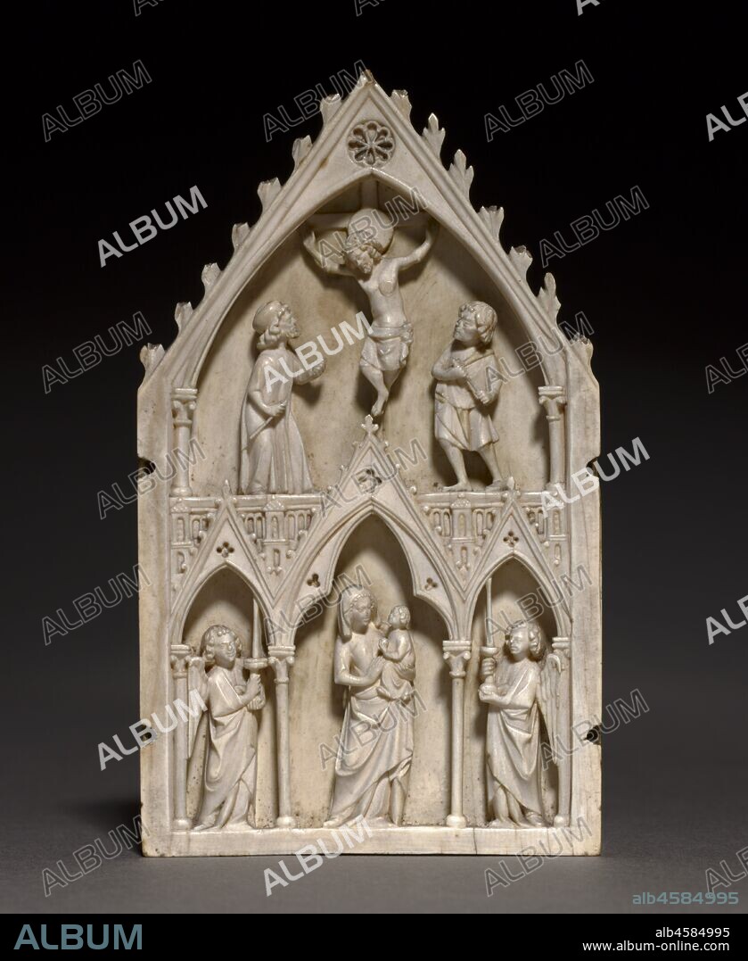 Plaque: The Crucifixion and Virgin and Child with Angels, c. 1250-1270. This elegant panel once served as the center of an ivory triptych. Set into an intricate architectural frame that recalls Gothic forms, the figures are carved in three-quarter relief, suggesting free-standing sculptures placed in niches. Below, two standing angels bearing candles flank an elegant Virgin and Child. Above, the crucified Christ is shown tormented by the Roman soldiers Longinus and Stephaton, who flank him on either side.
